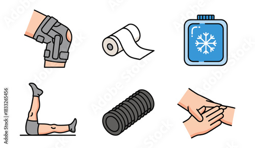 Flat Line Icons Set: Physical Therapy, Injury Recovery, and Rehabilitation