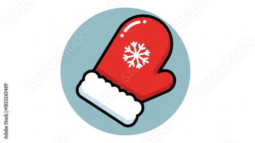 A simple cartoon illustration of a red winter mitten with a white snowflake design and fluffy white trim set against a light blue circular background