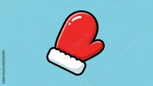 A single cartoon style red mitten with a white fluffy trim and black outline is isolated on a bright blue background suggesting winter warmth and holiday cheer