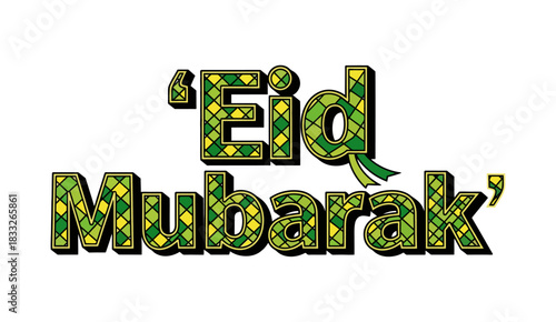 Eid Mubarak Modern Design Calligraphy Text with Green Yellow Islamic Geometric Pattern