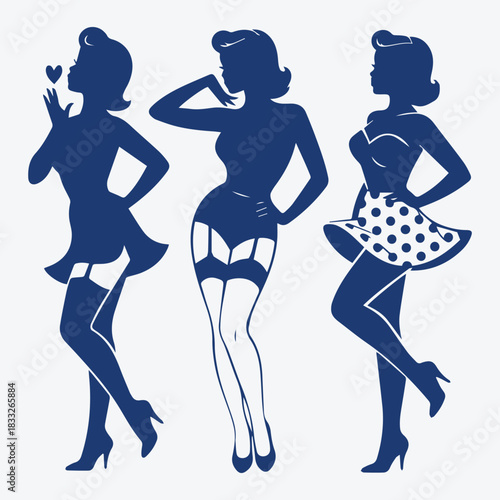 Three standing pin-up models, one with polka-dot skirt