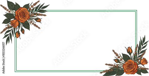 Elegant Floral Frame with Orange Roses and Greenery Corners Vector Illustration