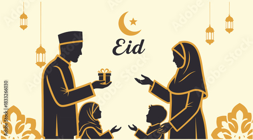 Muslim Family Silhouette Celebrating Eid al-Fitr (Eid) by Giving Gifts and Islamic Lantern Decorations