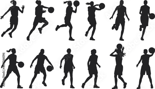 Set of professional female basketball player silhouettes in action poses