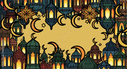 Islamic Fanus Lantern and Crescent Moon Decorative Vector Background