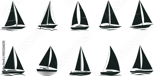 Set of black and white sailboat illustrations on a white background
