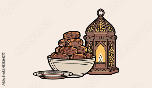 Vector Illustration of Dates in Bowl and Traditional Fanoos Lantern for Ramadan.