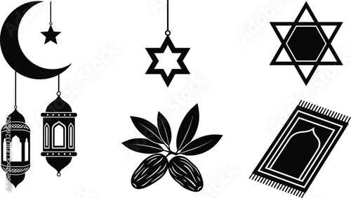Islamic and jewish religious symbols in black and white illustration
