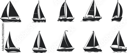 Set of black and white sailboats on the ocean - vector illustration