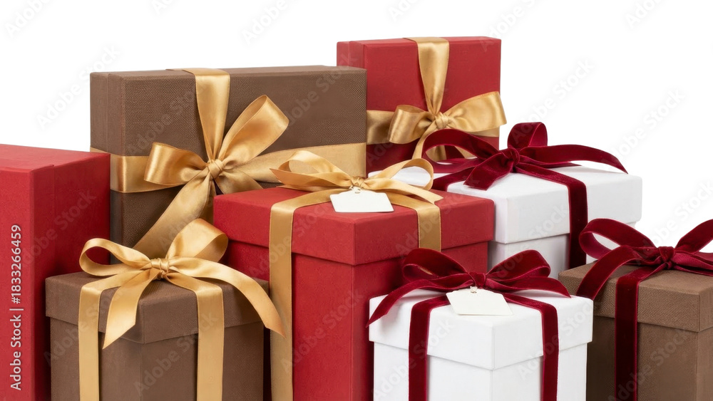 Obraz premium Elegant gift boxes with golden and red velvet ribbons create celebratory mood, perfect for holiday promotions, corporate gifting, and festive occasion designs