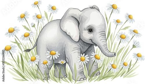 Adorable baby elephant vector illustration standing playfully amidst white daisies in a meadow