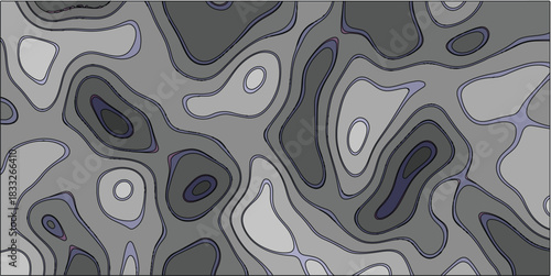 Abstract topographic contour map pattern with bold black outlines and layered shades of gray and subtle purple, creating a visually complex and modern background texture