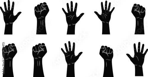 Set of ten black silhouette vector illustrations of human hands in open palm and closed fist gestures symbolizing protest, power, unity, strength, freedom, vote, and human rights on white background.