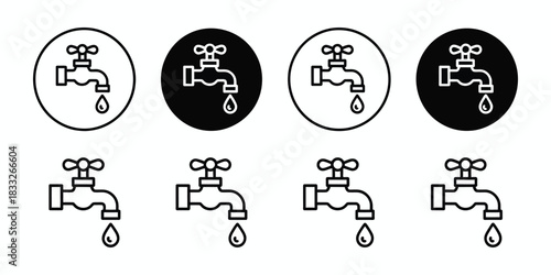 Faucet Tap Water Icon In Simple Outline Vector Style Featuring Clean Line Design For Plumbing Graphics, Utility Symbols, Hygiene Concepts, And Modern Minimal Illustration Use