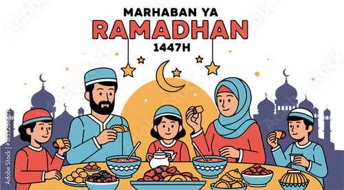 This image reflects the joy, togetherness, warmth and traditions of Muslim families in welcoming and observing the fasting month. There is an inscription saying "Marhaban Ya Ramadhan 1447H".