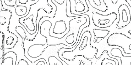 Black and white abstract topographic contour map pattern with bold, thick, irregular lines and organic shapes creating a striking and dynamic visual element