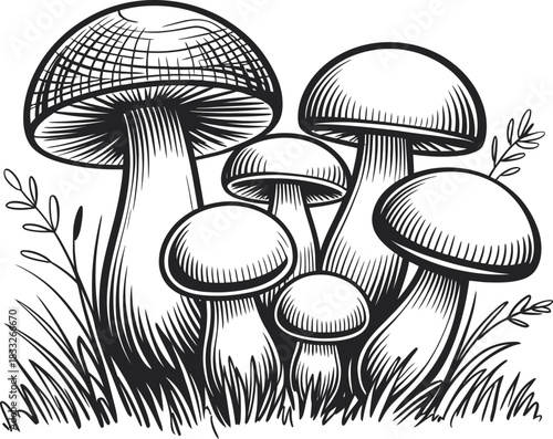 Illustration of various mushrooms in a black and white line drawing