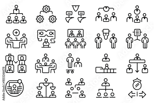 Corporate strategy and business process outline icon set, Clean outline icons showing business goals, strategy, finance, teamwork, planning
