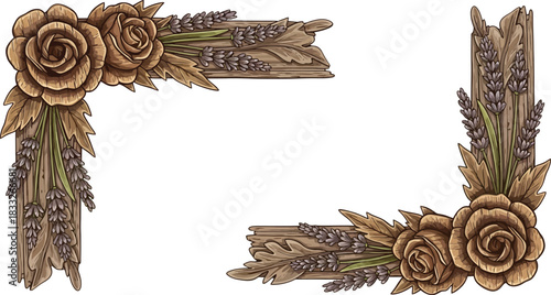 Hand-carved wooden roses and lavender floral corner frame vector illustration for rustic design projects