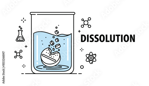 The text "DISSOLUTION" is displayed next to it, surrounded by molecule and Erlenmeyer flask icons.
