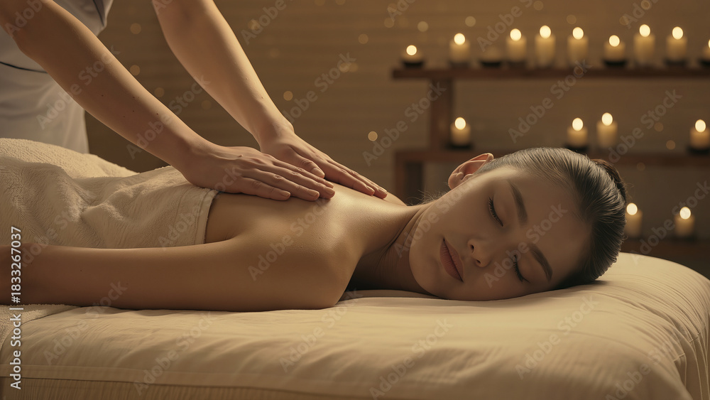 Obraz premium Atmospheric photos of massage therapy with candles, oils, flowers, towels, spa stones, etc.