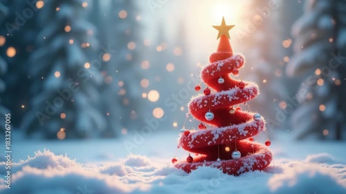 elegant red christmas tree in falling snow