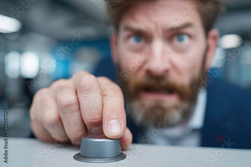 A frightened man presses the alarm button under the table