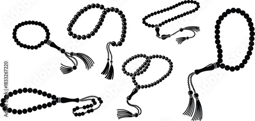 Collection of islamic prayer beads tasbihs in black and white