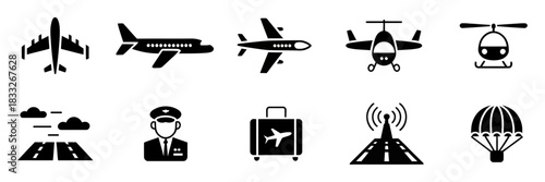 Collection of aviation icons including airplanes, helicopters and travel elements in black silhouette style for transportation and tourism designs
