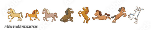 Set of four little funny horses in different poses.  In cartoon style. Isolated on white background. Vector illustration.