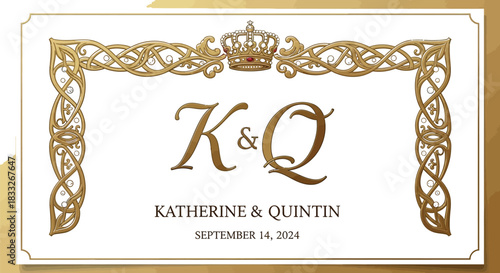 Elegant wedding invitation design with crown and decorative golden border art