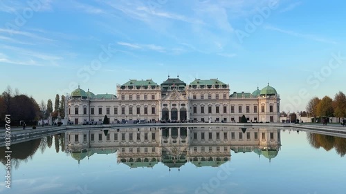 Baroque palace Upper Belvedere with pond on foreground in Vienna
