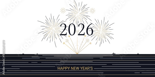 Elegant new year 2026 celebration design with fireworks over water at nighttime