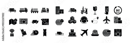 Delivery and logistics vector icon set with boxes airplanes and trucks Modern Icon Set for UI UX and Digital Design vector icon set, vector illustration.