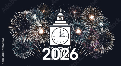Celebrating the new year 2026 with fireworks and a clock striking midnight
