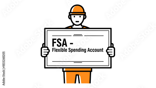 A construction worker or factory worker (pictured with a safety helmet) holds a sign that reads "FSA - Flexible Spending Account."