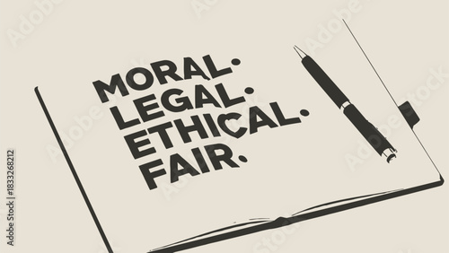 Monochromatic illustration of an open notebook and pen, featuring the words "MORAL • LEGAL • ETHICAL • FAIR" in bold letters.