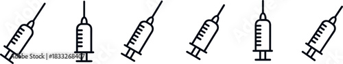 Medical syringe icons for vaccination, health, treatment, and injection concepts. minimalist line art.