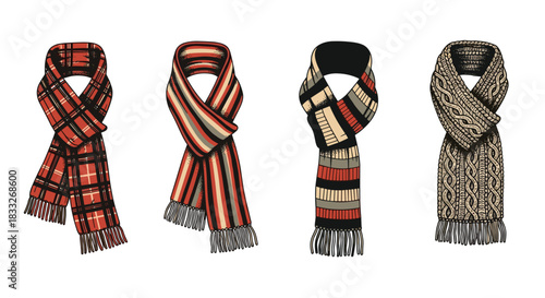Collection of four cozy, hand-drawn winter scarves with different patterns, including plaid, stripes, and cable-knit designs.