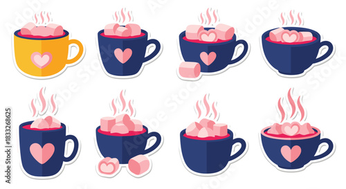 Cozy sticker set of steaming mugs of hot chocolate topped with pink heart-shaped marshmallows for a warm winter beverage.