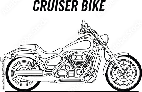 Detailed line art illustration of a classic cruiser motorcycle on white background