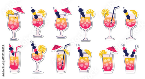 Refreshing sticker collection of tropical summer cocktails in various glasses, garnished with fruit, straws, and small umbrellas.