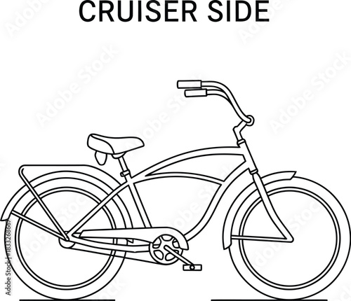 Minimalist line art of a classic cruiser bicycle side view on a white background