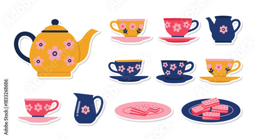 A delightful tea party sticker set with a floral teapot, colorful cups and saucers, and plates of sweet wafer cookies.