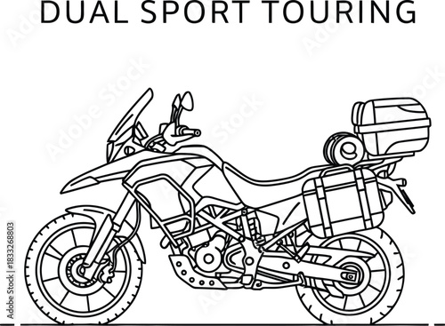 Detailed line art of a dual sport touring motorcycle ready for adventure travel