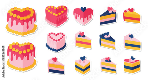 Set of Valentine's Day cake stickers, including heart-shaped cakes and individual slices with pink and yellow frosting.