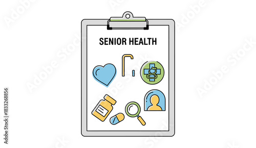 Senior Health concept displayed on a medical clipboard with various colored line-art icons.