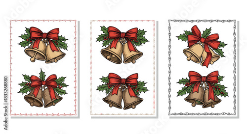 Set of vintage Christmas cards featuring golden jingle bells decorated with red bows and green holly leaves and berries.
