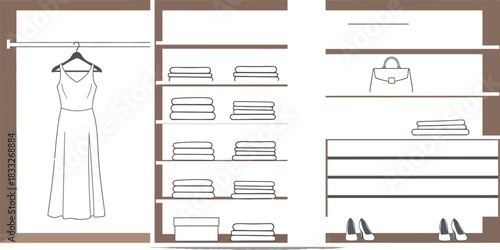 Organized closet with dress hanging and folded clothes on shelves illustration