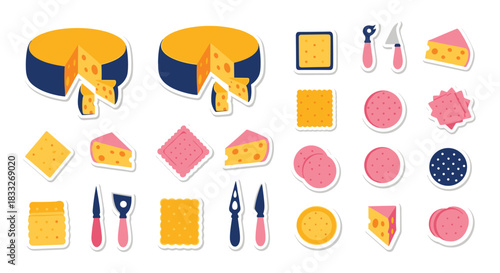 A sticker set of items for a cheese platter, including a wheel of cheese, slices, crackers, salami, and cheese knives.